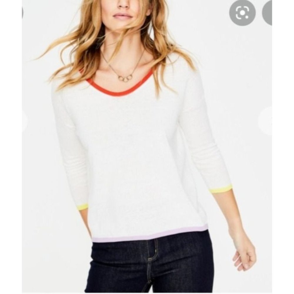 Boden Angeline Sweater V Neck Pullover Cotton Linen Blend Size Medium Ivory